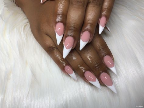 Exaggerated Nails, Pink And White Stiletto Nails, French Manicure Stiletto Nails, Pointy French Tip Nails, French Tip Nails Stiletto, French Stiletto Nails Design, Pink And White Nails French, Stiletto Nails French Tip, Stiletto French Tip Nails