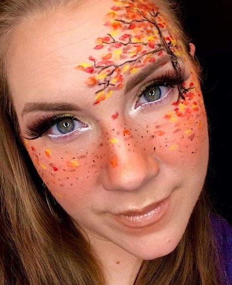 Face Painting Ideas For Fall Festival, Easy Fall Festival Face Painting Ideas, Autumn Leaf Makeup, Forest Fairy Face Paint, Pumpkin Face Paint Ideas, Fall Themed Face Paint, Fall Face Painting Ideas Simple, Halloween Pumpkin Makeup Ideas, Fall Leaves Face Paint