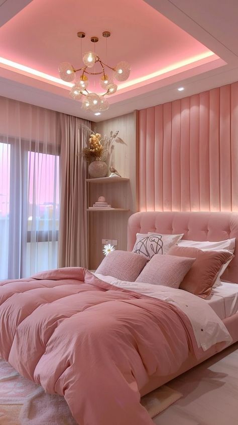 Luxury Bedroom Master Pink, Pink Rooms Ideas, Pink Home Ideas, Cute Girly Room Ideas, Pink Girls Bedroom Ideas, Pink Modern Bedroom, Home Bedroom Refresh, Pink Airbnb, Interior Design Pink