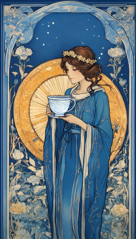 Queen Of Cups Art, Tarot Cards Art Illustration Decks, Queen Of Cups Tarot, Mucha Tarot Cards, Tarot Card Art Nouveau, Art Nouveau Tarot, Venus Star, Queen Of Cups, Art Nouveau Tarot Illustration