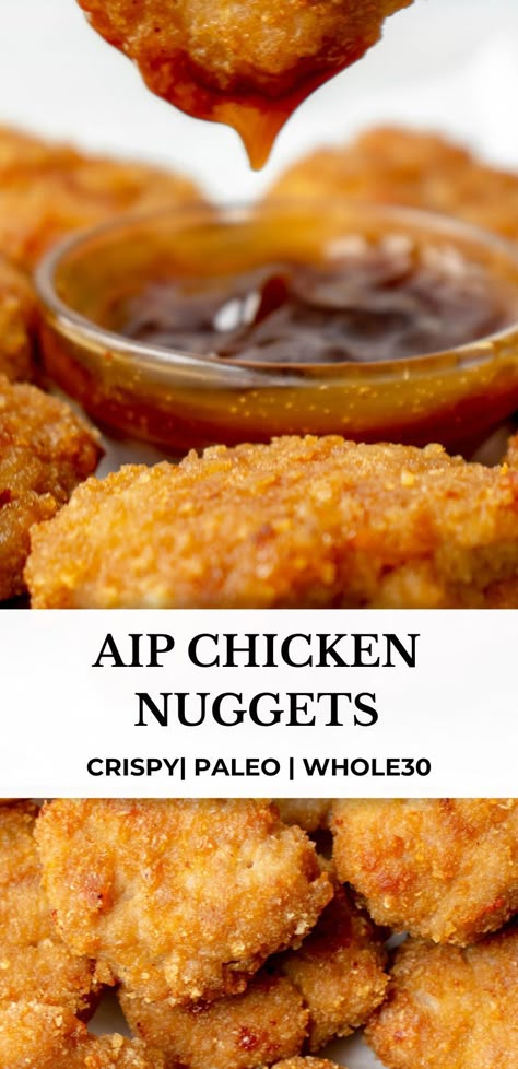 These Whole30, paleo and AIP Chicken Nuggets are quick, easy and so delicious. Made with ground chicken and crispy pork panko, they’re crispy on the outside and juicy on the inside. #aiprecipes #paleorecipes #paleo #aip #aipdiet #autoimmunepaleo #aipprotocol #autoimmunedisease #whole30 #whole30recipes #gamedaysnacks #gamedayfood #healthysnacks #chickennuggets #airfryersnacks #superbowlsnacks #appetizers #aipappetizers #aipsnacks #aipsides #footballfood #superbowl #gameday #healmedelicious Paleo Ground Chicken Recipes, Aip Protein, Pork Panko, Nugget Recipes, Aip Chicken, Autoimmune Diet Recipes, Aip Diet Recipes, Fried Chicken Nuggets, Aip Meals