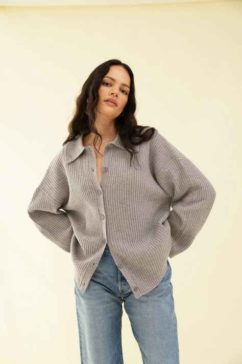 The Clio is the ultimate relaxed knit, she has a dropped shoulder and oversized fit with button front and collar. She's made from 100% RWS certified Merino Wool. Model wears size S, she is 5'9.