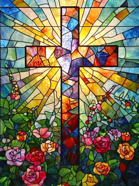 Stained Glass Cross, Colored Roses, Spiritual Images, Glass Cross, Sun Rising, Rays Of Light, Cross Tattoo, Stained Glass Window, Stain Glass