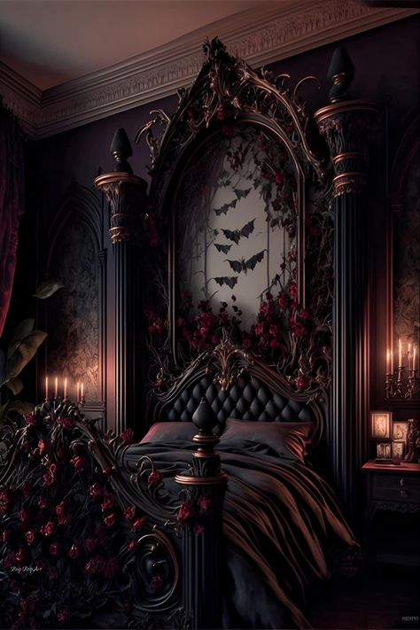 Gothic House Style, Goth Princess Bedroom, Gothic Royal Bedroom, Vampire Bedroom Aesthetic Victorian, Dark Victorian Aesthetic Bedroom, Gothic Art Deco Home Decor, Dark Forest House Aesthetic, Gothic Romance Bedroom, Midevil Room Aesthetic