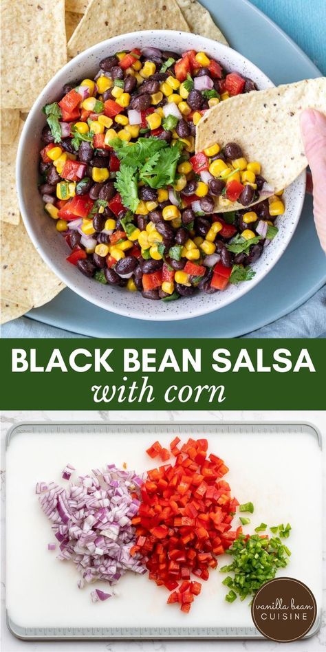 This Black Bean and Corn Salsa is a deliciously healthy dip you’ll want at all your parties. Black beans, corn, and red pepper tossed in a garlicky lime vinaigrette you can make in minutes. Black Salsa, Bean Corn Salsa, Black Bean And Corn Salsa, Corn Bean Salsa, Black Bean Corn Salsa, Fresh Salsa Recipe, Black Bean And Corn, Black Beans Corn, Corn Relish