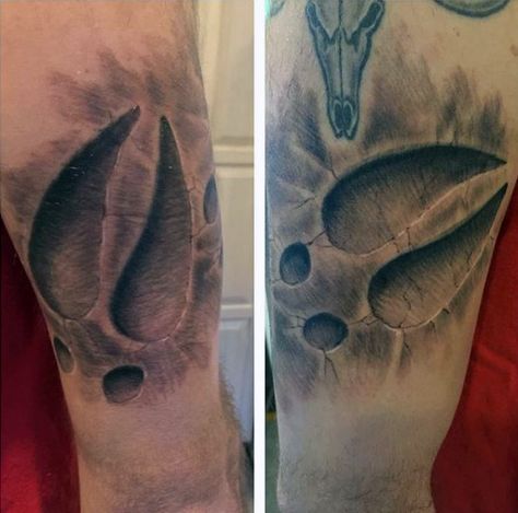 3d Realistic Deer Track Tattoo For Males Bear Track Tattoo, Track Tattoo Ideas, Outdoor Tattoos For Men, Elk Tattoos, Deer Track Tattoo, Track Tattoo, Outdoor Tattoos, Deer Tattoos, Antler Tattoos