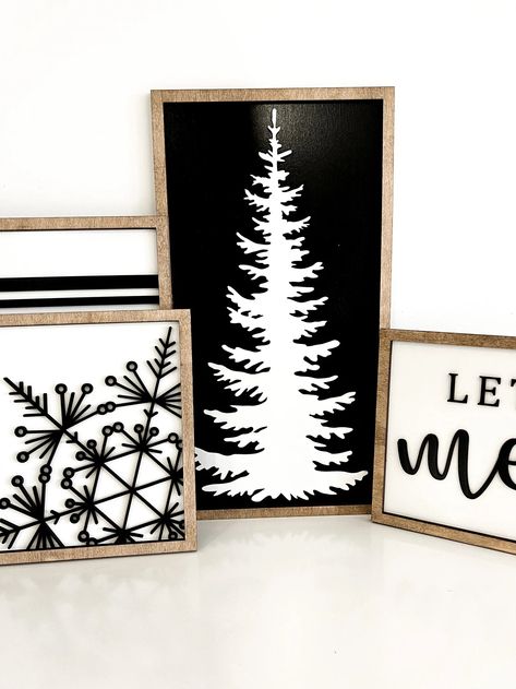 Cute Christmas Mantle Sign Set Laser Cut Digital File | Be Merry | Snowflake | Christmas Tree | Stripes | Plaid | Christmas Mantle SVG | Cute Christmas Signs | Sign Set | Christmas Decor | Glowforge DIGITAL FILE DETAILS: - 8" x 15", 12" x 7" 8" x 8" and 11" x 11"but can be scaled to any size. ________________________________________________________________________________________________________________________________ You will receive 2 SVG files with 4 sign designs. ___________________________ Natal, Black Accent Christmas Decor, Neutral Wood Christmas Decor, Winter Diy Signs, Christmas Signs Funny, Black And White Plaid Christmas Tree, Laser Cut Christmas Ideas, Laser Crafts To Sell, Laser Craft Ideas