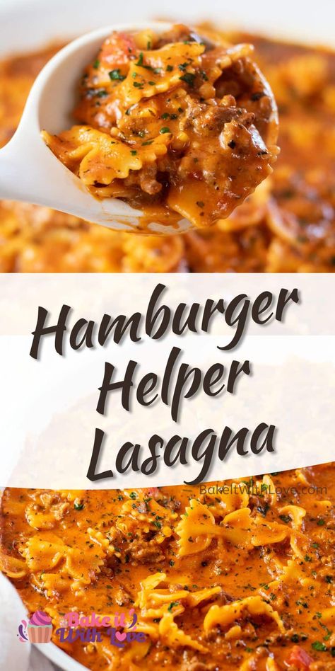 This Hamburger Helper lasagna is a homemade, tasty, and easy one-pot meal that is perfect for any night of the week! It is not only healthier but also much more delicious than anything you'll make from a box. Of course, this comfort food is still super convenient and ready to enjoy in just 20 minutes! BakeItWithLove.com #bakeitwithlove #hamburgerhelper #lasagna #onepot #dinner #copycat Hamburger Helper Lasagna, Hamburger Helper Recipes, Chicken Honey, Easy Hamburger, Diner Recept, Homemade Hamburgers, Hamburger Helper, Beef Casserole Recipes, Easy One Pot Meals