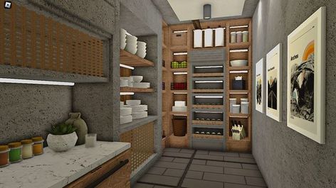 Bloxburg Modern Pantry, Triangular House, Pink House Exterior, Ria Core, Modern Mansion Interior, Modern Desert Home, Home Pantry, Bloxburg City, Paradise Valley Arizona