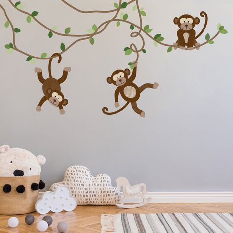 "Large Monkey Wall Decals on Vines, Jungle Animal Wall Decal, Nursery Wall Decals, Peel and Stick Removable Wall Stickers. Three jungle monkey wall stickers with vines and leaves. Our monkey wall decal set is perfect for decorating your child's room. Our fabric eco-friendly wall decals are easy to put up and remove cleanly! Three adorable monkey wall decals hanging on jungle vines are an easy way to transform a nursery, bedroom or playroom into a jungle safari themed room. Just peel and stick! D Jungle Wall Stickers, Jungle Wall Decals, Wall Stickers Nursery, Monkey Nursery, Map Wall Decal, Jungle Monkey, Monkey Wall, Animal Wall Decals, Fabric Wall Decals