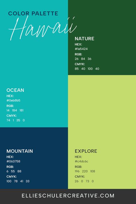 Dreaming of a Hawaii vacation? Use this Hawaii-themed color palette on your next design project. HEX codes, RGB and CMYK swatches ready to go! 🎨🌴🌊 Hawaii Color Palette, Hawaii Theme, Tropical Hawaii, Beautiful Websites, Hex Codes, Website Template Design, Creative Business Owner, Showit Website, Hawaii Vacation