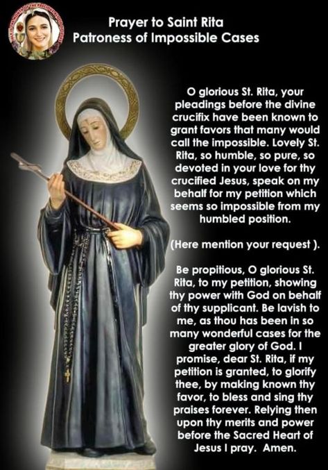 MIRACLE PRAYER TO ST. RITA Patroness of Impossible Cases Sacred Heart Of Jesus Prayer, Divine Mercy Chaplet Prayer, Prayer To St Rita, St Joseph Prayer, Rita Of Cascia, Divine Mercy Prayer, Prayer For My Marriage, Holy Spirit Prayer, Catholic Lent