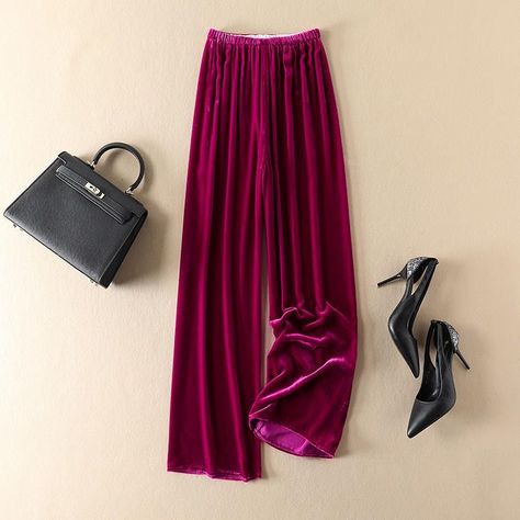 Velvet Inspiration, Pink Wide Leg Pants, Velvet Outfits, Velvet Wide Leg Pants, Trousers Wide Leg, Wedding Cocktail Party, Elegant Pant, Palazzo Trousers, Custom Gown