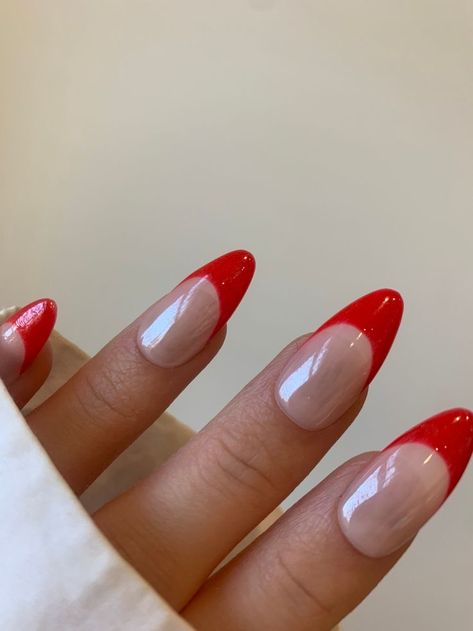 Glazed Red French Tip Nails, Red Glazed Donut Nails, Glazed Donut French Tip, Red Glazed Nails, Glazed French Nails, Red Nail Ideas, Hailey Bieber Nails, Bieber Nails, Chic Manicure