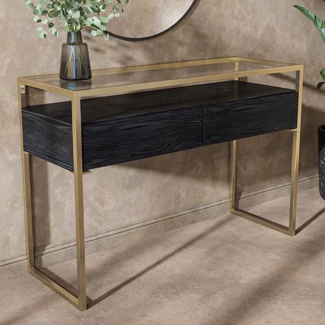 Glass Top Console Table, Gold Console Table, Mid Sleeper Bed, Black Console Table, Hall Furniture, Console Table With Drawers, Table With Drawers, Brass Legs, Black Console