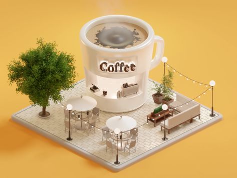 Coffee House by Brian Moon 🌙 on Dribbble Coffee Shop At Night, Industrial Coffee Shop, Coffee Booth, Miniature Cafe, Coffee House Design, Handmade Candles Diy, Food Cart Design, Apple Crates, Coffee Roastery