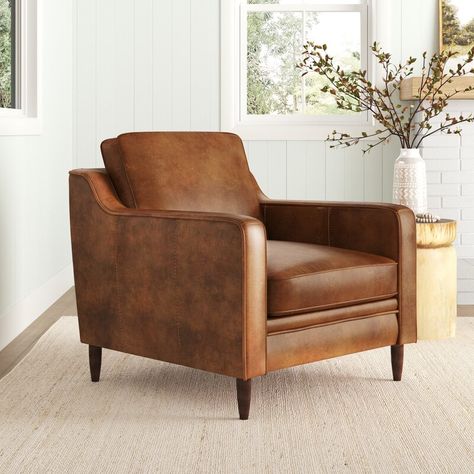 Sand & Stable Abbott Genuine Leather Square Arm Accent Chair & Reviews | Wayfair Brown Leather Armchair, Leather Accent Chair, Cozy Reading Nook, Asian Inspired, Inspired Living, Leather Armchair, Room Layout, Toss Pillows, Extra Seating