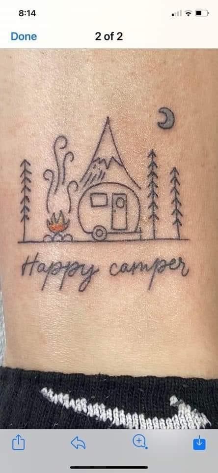 Camping Tattoo Ideas Simple, Happy Camper Tattoo, Camper Tattoo Ideas, Camping Inspired Tattoo, Trailer Tattoo, Small Camping Tattoo, Caravan Tattoo, Rv Tattoo, Camping Tattoo For Women