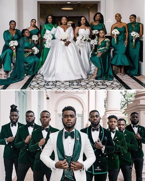 LÒFINDA - UK Wedding Directory’s Instagram post: “Green with envy😍❤️⁣⁣ Love love the colour theme of this bridal train!⁣⁣ ⁣ Photographer @amyanaizphoto Bride @thatyloyalty Groom @marcfly_…” Emerald Green Wedding Theme, African Bridesmaids, Green Wedding Suit, African Bridesmaid Dresses, Green Themed Wedding, Emerald Green Weddings, Wedding Suits Groom, Green Bridesmaid, Wedding Dress Pictures