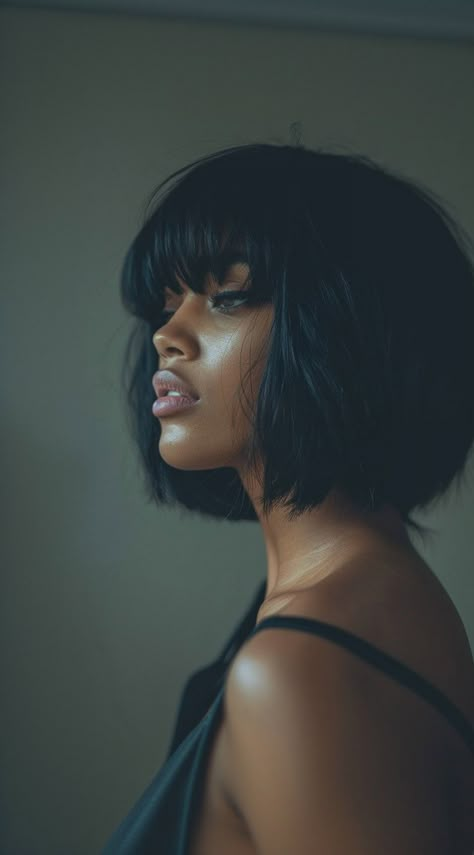 44 Bob with Bangs Hairstyles for Black Women: Modern and Stylish Options Long Layer Short Haircut, Regina King Hairstyles, 90s French Bob, Black Women With Bobs, Bob With Curtain Bangs Black Women, Black Bob Bangs, Bang Bob Hairstyles For Black Women, Short Haïr Cut For Round Face, Bob Hair Outfit