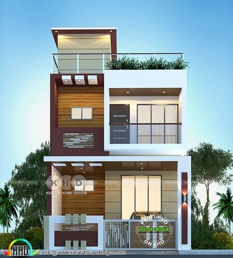 4 bedroom flat roof style modern house in an area of 1970 square feet by Dream Form from Kerala. New Model House, Front Building Design, Design Floor Plans, Kerala Home Design, Budget House Plans, Building Front Designs, Kerala Home, Flat Roof House, Small House Elevation