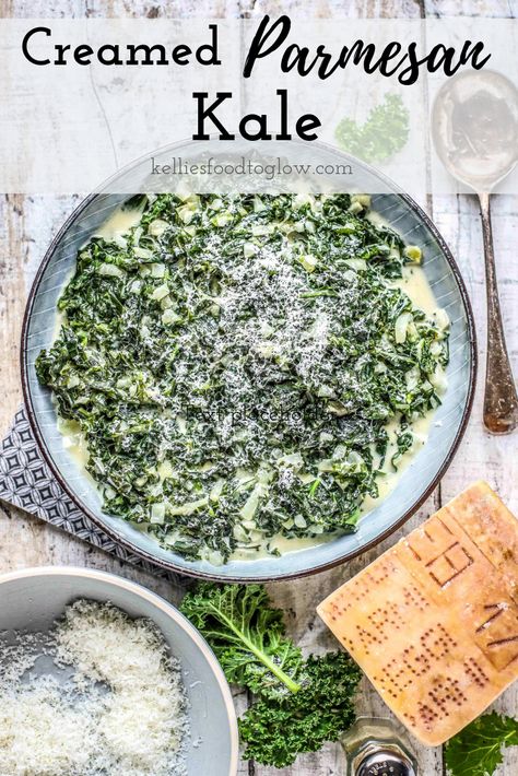 Parmesan Creamed Kale for a festive and slightly decadent #sidedish. #kale #parmesan #christmasfood #parmigianoreggiano #easyrecipe Cream Kale Recipes, Creamy Kale Recipes, Boiled Kale Recipes, Creamed Kale Recipes, Kale And Parmesan Salad, Cream Kale, Creamy Kale, Kale Salad Parmesan, Frozen Kale Recipes Side