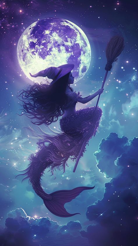 #Mermaid #Broomstick #Stars #BrightMoon #Whimsical #Tattoos #WitchHat #LongHair #9:16AspectRatio #TheCandie Big Witch Hat, Sky Tattoos, Flying In The Sky, Rosé Phone, Inspirational Digital Art, Bright Moon, Sea Witch, Nice Art, Star Tattoos