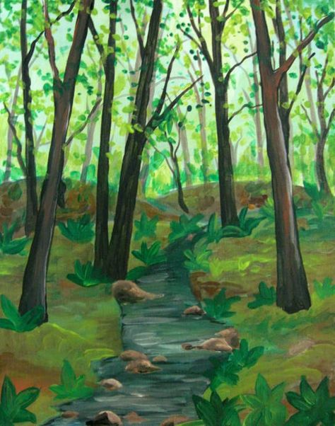 How To Paint A Forest In Acrylic Paint Jungle Drawing Forests, Forest Background Drawing Easy, Forest Drawings Simple, Paintings Of Forests, Forest Trail Drawing, Natur Drawing Ideas, Forest With Animals Drawing, Simple Forest Background Drawing, Forest Clearing Drawing