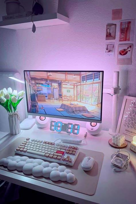 Girls Gamer Room, Preppy Gaming Setup, Pc Setup Girl, Setup Gaming Girl, Girl Gaming Setup, Gamer Girl Setup, Pink Gaming Setup, Cute Keyboard, Dream Setup