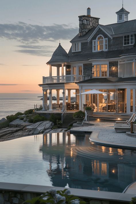 Lavish New England Estate Hamptons Mansion Aesthetic, Mansions In England, Coastal Beach House Exterior Ocean Views, Big Coastal House, East Coast Mansion, Dream Beach Houses Exterior, New England Style Home Exterior, Nantucket Mansion, Farm Mansion