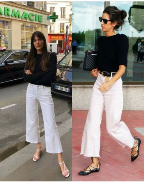 White Culottes Outfit, Culottes Outfit Summer, White Wide Leg Jeans Outfit, White Pants Summer, Black And White Inspiration, White Culottes, Culottes Outfit, White Wide Leg Jeans, Wide Leg Jeans Outfit