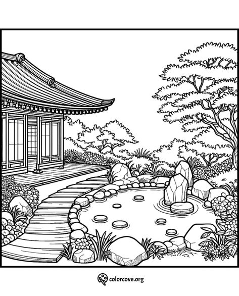 45 Free Japanese Garden Coloring Pages Coloring Pages Japanese, Japanese Coloring Pages, Garden Coloring Pages, Garden Coloring, Stone Lantern, Japanese Landscape, Mindfulness Activities, Themed Crafts, Koi Pond