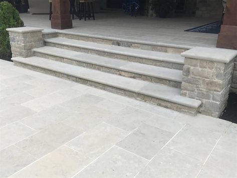 Back Door Concrete Steps, Front Porch And Sidewalk Ideas, Bullnose Stone Steps, Natural Stone Front Steps, Paver Stairs Front Porches, Exterior Front Steps Ideas, Limestone Entryway Exterior, Paver Steps Front Porches, Limestone Stairs Outdoor