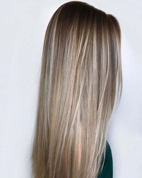 silky-fine-straightened-brunette-hair-with-highlights-in-different-shades-of-blonde-platinum-dark-blonde-balayage Sandy Blonde Hair, Rambut Brunette, Kadeřnické Trendy, Brown Hair With Blonde Highlights, Dirty Blonde Hair, Blonde Hair Looks, Blonde Hair With Highlights, Trendy Hair Color, Brown Blonde Hair