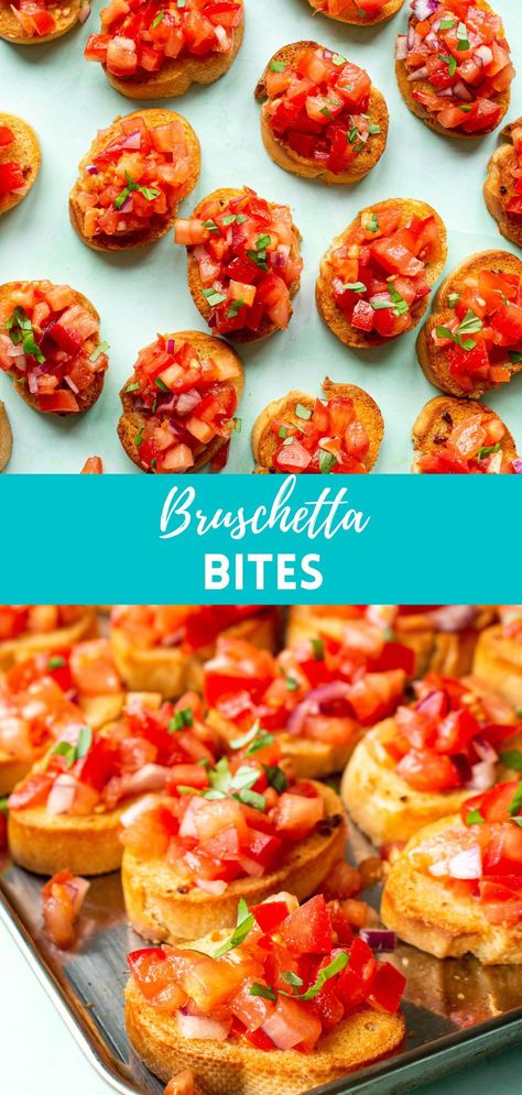 These toasty Bruschetta bites are delicious and easy to prepare. Top with olive oil, tomatoes, garlic and red onion. to make to this colourful, tasty snack. Bruschetta Bites Party Appetizers, Red Christmas Appetizers, Red Dinner Ideas, Red Finger Food Ideas, Galentines Party Snacks Savory, Red Foods For Party Savory, Red Colored Appetizers, Red Finger Foods, Red Colored Food