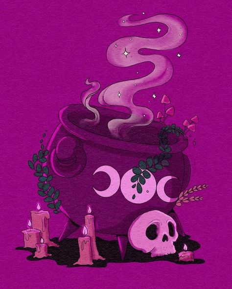 Pink Witchy Aesthetic, Witchy Art Aesthetic, Cauldron Painting, Cauldron Aesthetic, Cute Cauldron, Halloween Mushrooms, Mushrooms Painting, Cauldron Witch, Skull Candles