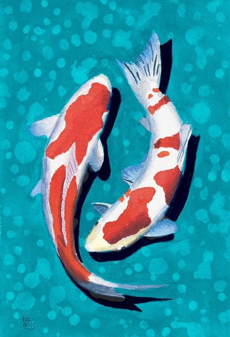 Two Koi Fish, Koi Fish Painting, Coy Fish, Koi Painting, Pond Painting, Koi Art, Carpe Koi, Koi Carp, Animal Drawing