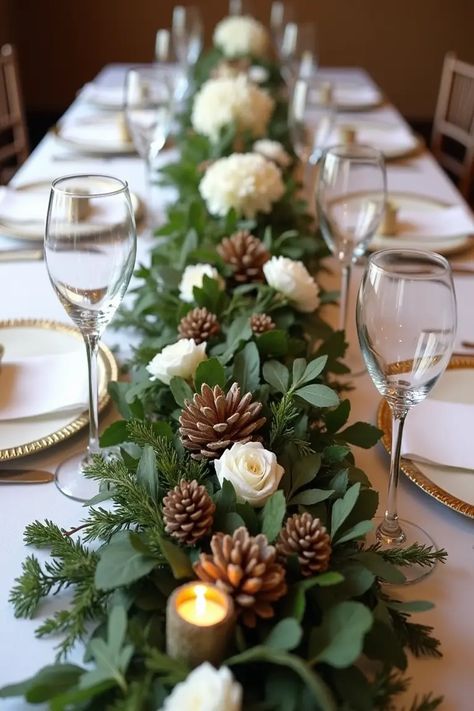 25 Winter Wedding Decor Ideas That'll Warm Your Heart Pine Needle Wedding Decor, Pine Winter Wedding Centerpieces, Winter Bud Vases, Evergreen Wedding Centerpiece, January Wedding Centerpieces, Pine Wedding Decor, Small Christmas Wedding, Winter Greenery Centerpiece, Winter Wedding Flowers Centerpieces