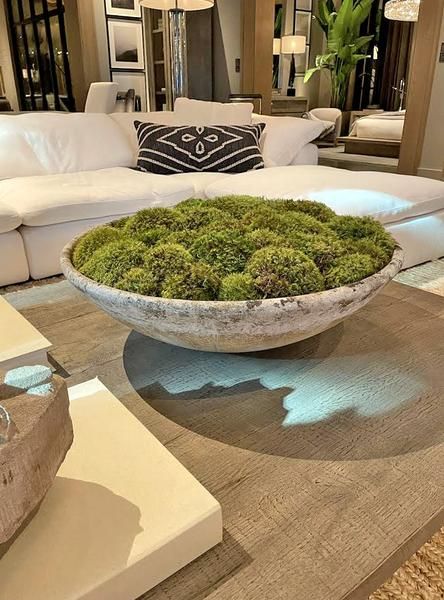 DIY Moss Bowl – Lollieandboo How To Make A Moss Planter, Moss In Planters, Bowl With Moss Centerpiece, Moss Arrangements Decor, Moss Coffee Table Decor, Outdoor Table Plant Centerpieces, Dining Room Table Bowl Decor, Diy Moss Planter, Moss Bowl Coffee Table