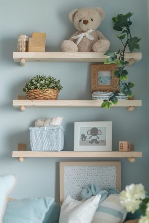 Creative Nursery Shelving Ideas for Your Baby's Room Nursery Storage Shelves, Bookcase Nursery Ideas, Nursery Wall Shelf Ideas, Nursery Shelves Over Changing Table, Baby Nursery Shelves, Nursery Shelving Ideas, Shelves In Nursery, Nursery Wall Shelves, Nursery Shelving