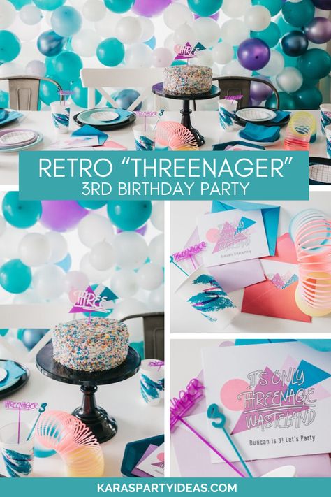 Kara's Party Ideas Retro "Threenager" 3rd Birthday Party | Kara's Party Ideas Twin Third Birthday Ideas, Yipee Im Three Birthday, Three-nager Birthday Party Ideas, Three Yr Old Birthday Party Ideas, Threenager Party Ideas Boy, Threenager Birthday, 3 Year Birthday Party Ideas, Threenager Birthday Cake, Threenage Dream Party Ideas