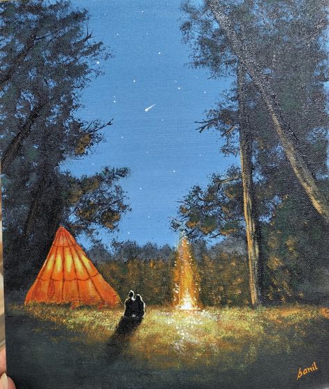 Camping Scene Painting, Scene Couple, Oregon Camping, Couple Camping, Night Camping, Couple Painting, Family Painting, Holiday Painting, Forest Painting