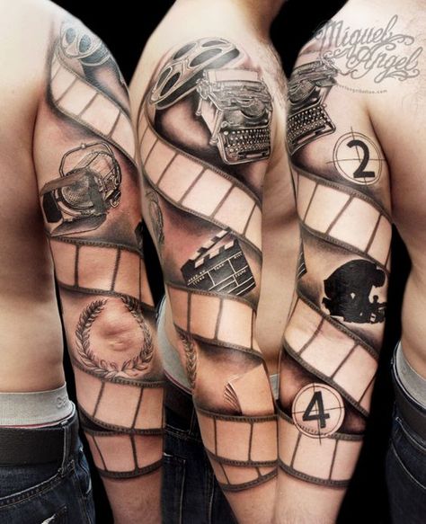 Sleeve Tattoo film reel tattoo which leaves spaces to add his favourite movie posters or similar. love it!: Camera Tattoos, Movie Tattoo, Movie Tattoos, Theme Tattoo, Amazing Tattoos, Tattoos Geometric, Tattoos Skull, 3d Tattoos, Full Sleeve Tattoo