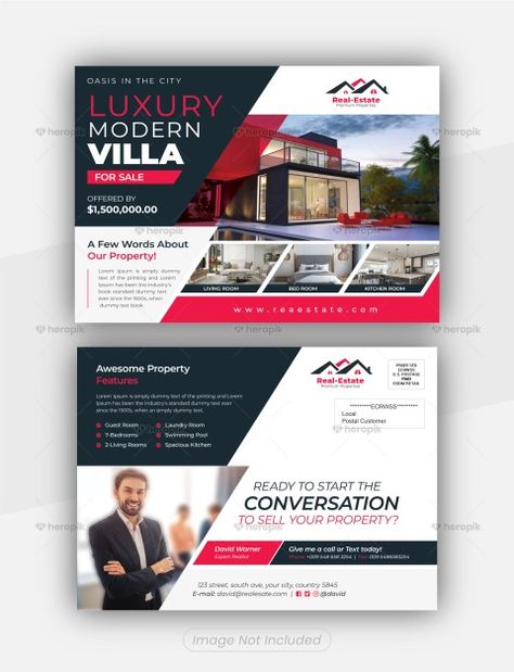 Luxury Villa for Sale Real Estate Postcard & Direct Mail EDDM template by didargds - Heropik | Marketing Materials For Small Businesses Real Estate Postcards, Postcard Template, Direct Mail, Postcard Design, Marketing Materials, Luxury Villa, Luxury Real Estate, Small Businesses, Villa