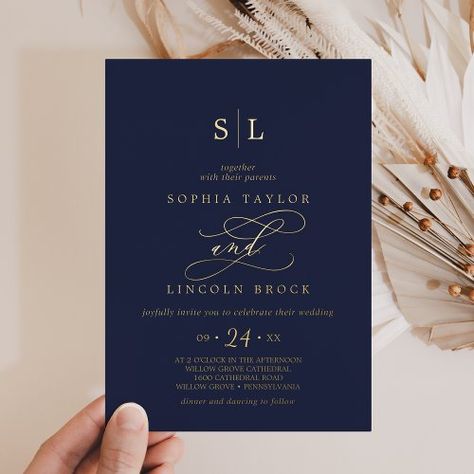 $3.95 | Romantic Gold Foil | Navy Blue Monogram Wedding #classic monogram wedding, modern monogrammed wedding, summer first initials wedding, calligraphy printed wedding, unique fancy hand lettering k081, whimsical gold foil sparkle flourish, luxury romantic gold, simple gold foil stamped wedding, elegant foil pressed fall marriage, minimalist boho navy blue gold Navy Blue Wedding Invitations, Monogram Wedding Invitations, Gold Calligraphy, Wedding Unique, Wedding Initials, Foil Wedding Invitations, Classic Monogram, Fall Wedding Invitations, Simple Invitation