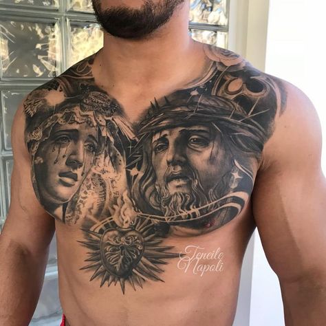 Jesus Chest Tattoo, Chest Tattoo Cover Up, Mother Mary Tattoos, Chest Tattoos For Men, Aztec Tattoos Sleeve, Jesus Tattoo Design, Tato Salib, Full Chest Tattoos, Tattoo Quotes For Men