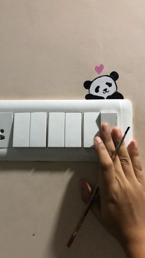 Panda 🐼.... Panda Painting On Wall, Panda Sketch Pencil Art, Panda Drawing Pencil, Panda Wall Painting, Switchboard Painting Ideas, Cute Wall Painting, Switchboard Painting, Panda Bedroom, Switchboard Art