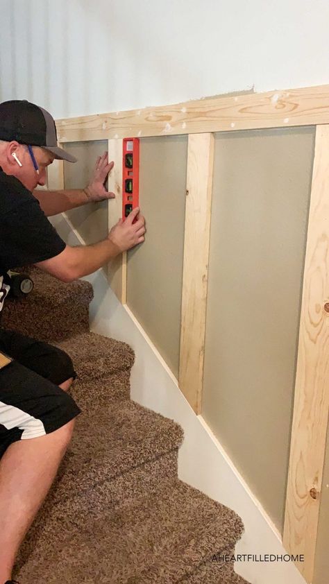 DIY Board And Batten Entryway - A Heart Filled Home | DIY & Home Decor Stairwell Wall Ideas, Board And Batten Entryway, Batten Entryway, Stairs Makeover Ideas, Stair Paneling, Stair Walls, Diy Board And Batten, Stairs Renovation, Staircase Wall Decor