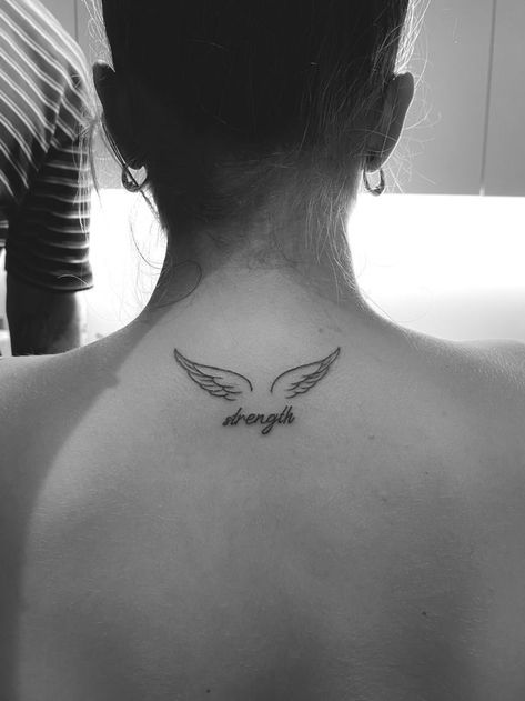 Wing On Neck Tattoo, Halo With Angel Wings Tattoo, Men’s Wings Tattoo, Back Tattoo Women Angel Wings, Angel Back Of Neck Tattoo, Angel Wings On Back Of Neck, Angel Wing Spine Tattoo, Halo Wings Tattoo, Angel Wings Back Of Neck Tattoo