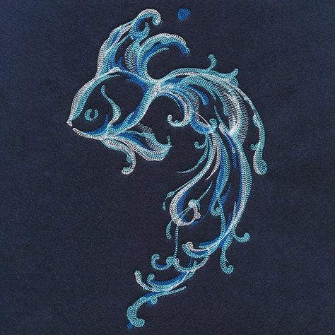 Dive into new creative machine embroidery projects with a gorgeous fish made to look like water. It is one half of the <a href="https://www.urbanthreads.com/design/yin-yang-water-element-fish-circle-esp82899-1" rel="noopener noreferrer" target="_blank">Yin Yang Water Element Fish Circle</a>. This machine embroidery design contains sheer stitching and black areas that are open to fabric. Use dark-colored fabrics for best results. Fish Circle, Yin Yang Fish, Types Of Embroidery Stitches, Sashiko Stencils, Freestanding Lace Embroidery, Machine Embroidery Projects, Water Element, Types Of Embroidery, Embroidery Supplies